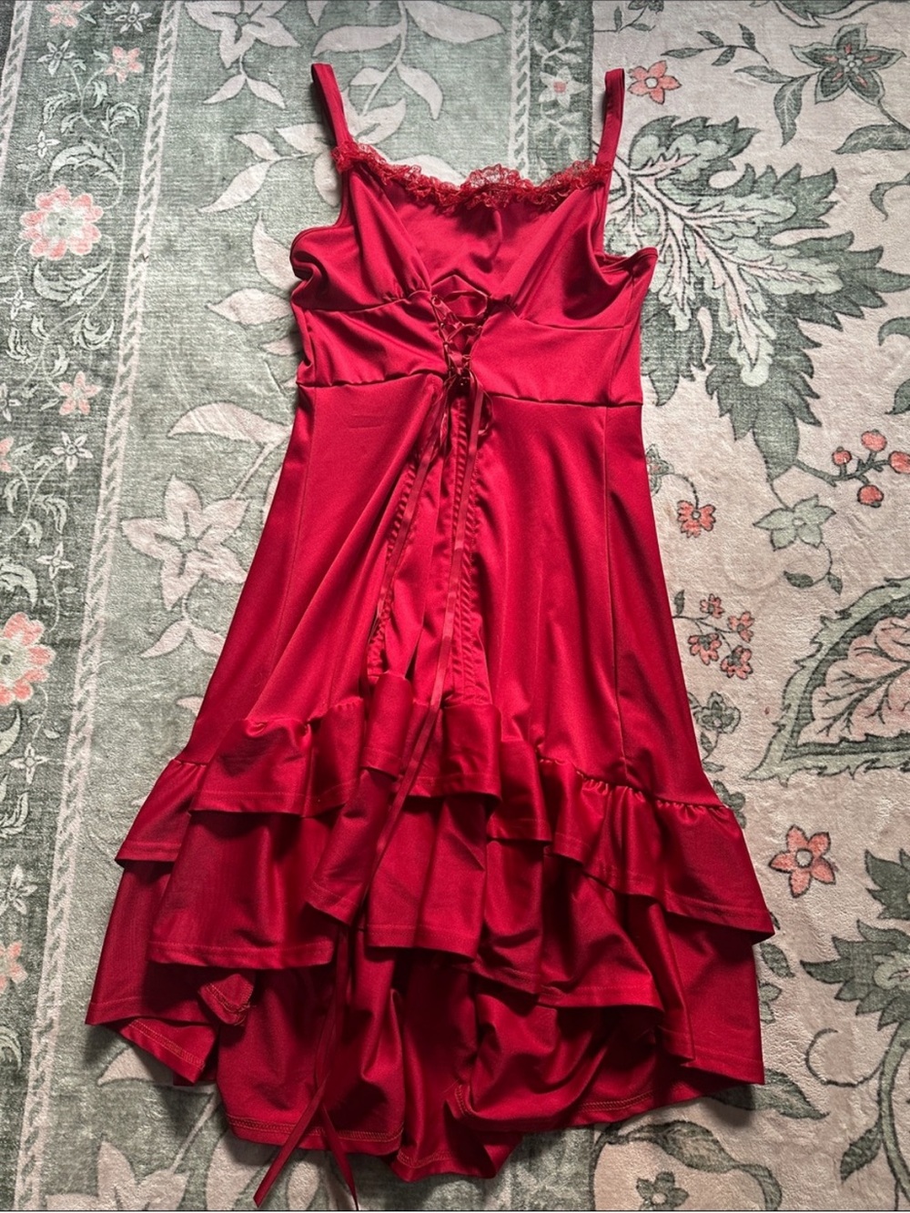 Scarlet Darkness Red Lace-Trim High-Low Ruffle Hem Dress